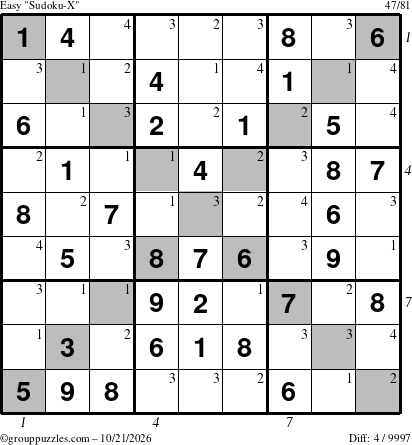 The grouppuzzles.com Easy Sudoku-X puzzle for Wednesday October 21, 2026, suitable for printing, with all 4 steps marked