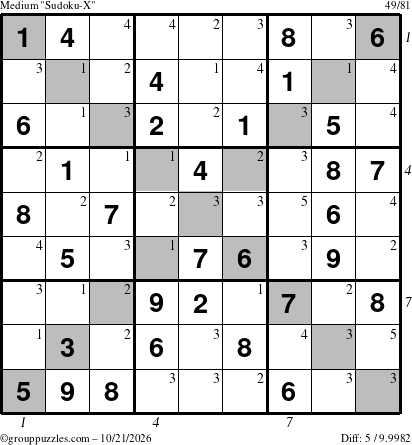The grouppuzzles.com Medium Sudoku-X puzzle for Wednesday October 21, 2026 with all 5 steps marked