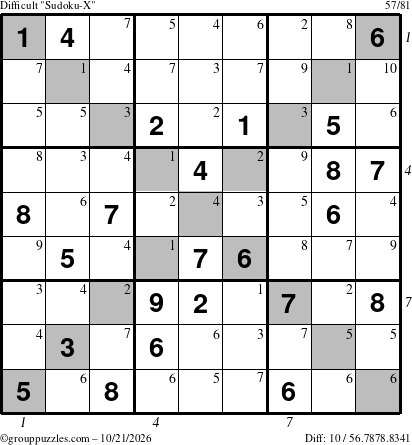 The grouppuzzles.com Difficult Sudoku-X puzzle for Wednesday October 21, 2026, suitable for printing, with all 10 steps marked