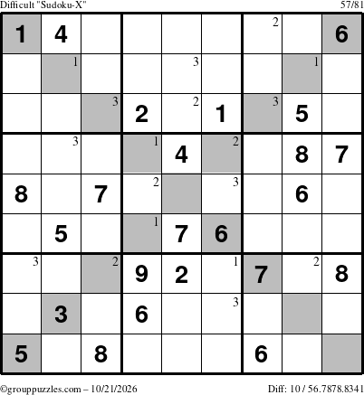 The grouppuzzles.com Difficult Sudoku-X puzzle for Wednesday October 21, 2026 with the first 3 steps marked