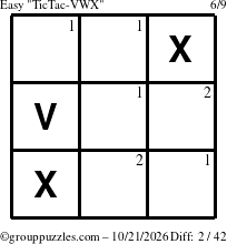 The grouppuzzles.com Easy TicTac-VWX puzzle for Wednesday October 21, 2026 with the first 2 steps marked