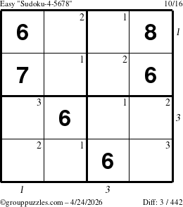 The grouppuzzles.com Easy Sudoku-4-5678 puzzle for Friday April 24, 2026 with all 3 steps marked