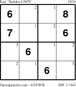 The grouppuzzles.com Easy Sudoku-4-5678 puzzle for Friday April 24, 2026 with the first 3 steps marked