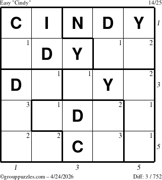 The grouppuzzles.com Easy Cindy puzzle for Friday April 24, 2026, suitable for printing, with all 3 steps marked