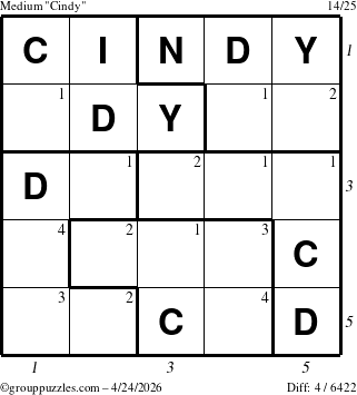 The grouppuzzles.com Medium Cindy puzzle for Friday April 24, 2026 with all 4 steps marked