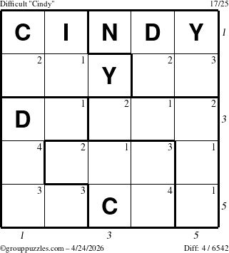 The grouppuzzles.com Difficult Cindy puzzle for Friday April 24, 2026 with all 4 steps marked