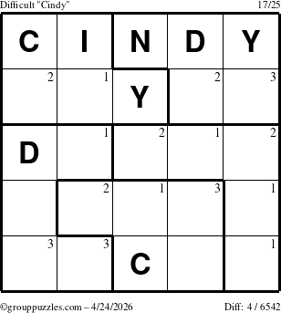 The grouppuzzles.com Difficult Cindy puzzle for Friday April 24, 2026 with the first 3 steps marked