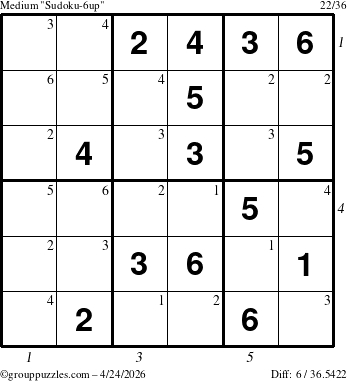 The grouppuzzles.com Medium Sudoku-6up puzzle for Friday April 24, 2026 with all 6 steps marked