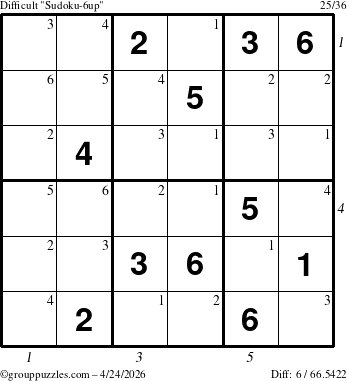 The grouppuzzles.com Difficult Sudoku-6up puzzle for Friday April 24, 2026 with all 6 steps marked