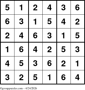 The grouppuzzles.com Answer grid for the Sudoku-6up puzzle for Friday April 24, 2026