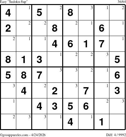 The grouppuzzles.com Easy Sudoku-8up puzzle for Friday April 24, 2026 with the first 3 steps marked