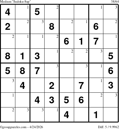 The grouppuzzles.com Medium Sudoku-8up puzzle for Friday April 24, 2026 with the first 3 steps marked