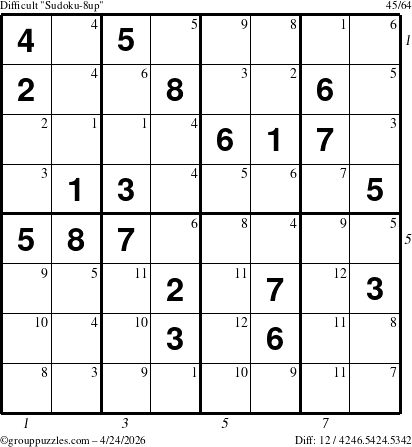 The grouppuzzles.com Difficult Sudoku-8up puzzle for Friday April 24, 2026 with all 12 steps marked