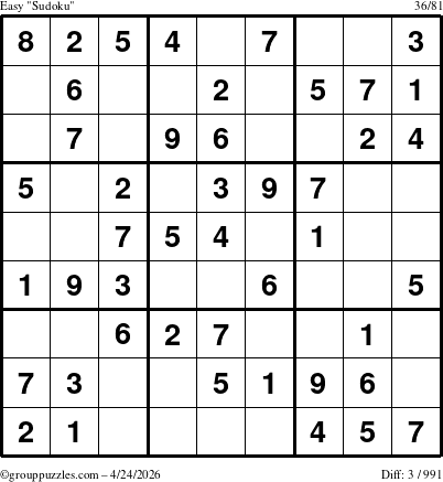 The grouppuzzles.com Easy Sudoku puzzle for Friday April 24, 2026