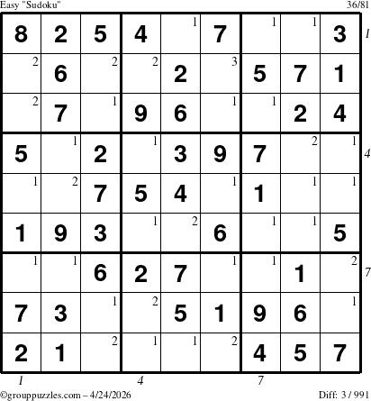 The grouppuzzles.com Easy Sudoku puzzle for Friday April 24, 2026, suitable for printing, with all 3 steps marked