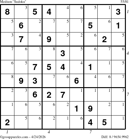 The grouppuzzles.com Medium Sudoku puzzle for Friday April 24, 2026, suitable for printing, with all 8 steps marked