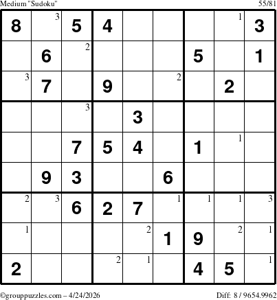 The grouppuzzles.com Medium Sudoku puzzle for Friday April 24, 2026 with the first 3 steps marked
