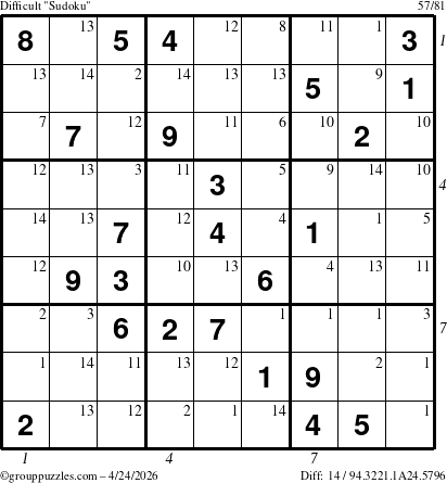 The grouppuzzles.com Difficult Sudoku puzzle for Friday April 24, 2026, suitable for printing, with all 14 steps marked