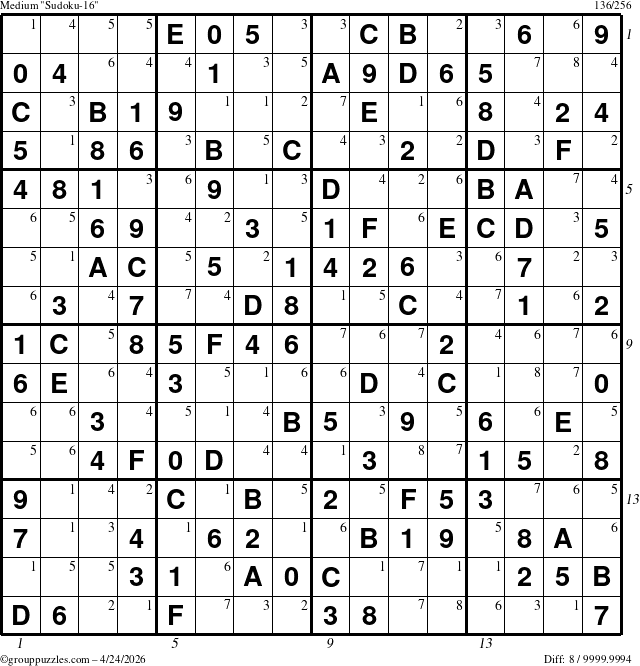 The grouppuzzles.com Medium Sudoku-16 puzzle for Friday April 24, 2026 with all 8 steps marked