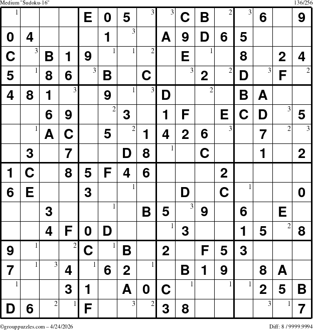 The grouppuzzles.com Medium Sudoku-16 puzzle for Friday April 24, 2026 with the first 3 steps marked