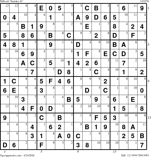 The grouppuzzles.com Difficult Sudoku-16 puzzle for Friday April 24, 2026, suitable for printing, with all 12 steps marked
