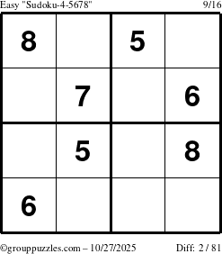 The grouppuzzles.com Easy Sudoku-4-5678 puzzle for Monday October 27, 2025