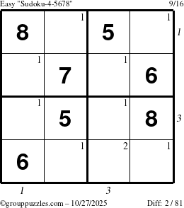 The grouppuzzles.com Easy Sudoku-4-5678 puzzle for Monday October 27, 2025, suitable for printing, with all 2 steps marked