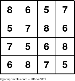The grouppuzzles.com Answer grid for the Sudoku-4-5678 puzzle for Monday October 27, 2025