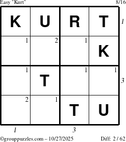 The grouppuzzles.com Easy Kurt puzzle for Monday October 27, 2025, suitable for printing, with all 2 steps marked