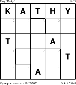 The grouppuzzles.com Easy Kathy puzzle for Monday October 27, 2025 with the first 3 steps marked