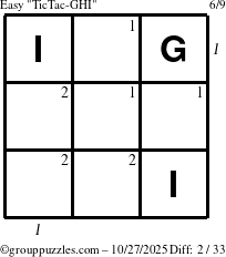 The grouppuzzles.com Easy TicTac-GHI puzzle for Monday October 27, 2025, suitable for printing, with all 2 steps marked