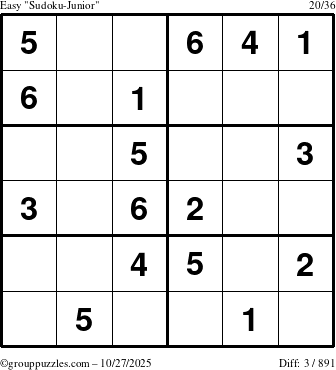 The grouppuzzles.com Easy Sudoku-Junior puzzle for Monday October 27, 2025