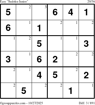 The grouppuzzles.com Easy Sudoku-Junior puzzle for Monday October 27, 2025 with the first 3 steps marked