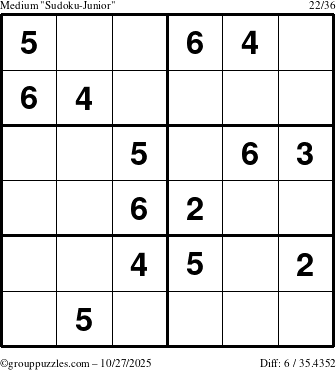 The grouppuzzles.com Medium Sudoku-Junior puzzle for Monday October 27, 2025