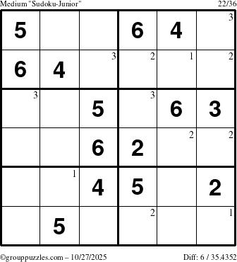 The grouppuzzles.com Medium Sudoku-Junior puzzle for Monday October 27, 2025 with the first 3 steps marked