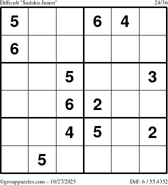 The grouppuzzles.com Difficult Sudoku-Junior puzzle for Monday October 27, 2025