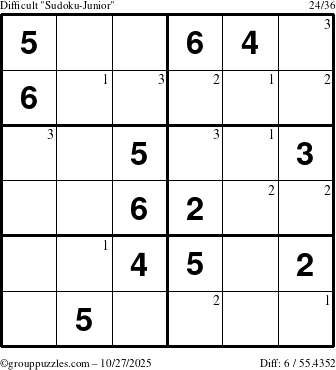 The grouppuzzles.com Difficult Sudoku-Junior puzzle for Monday October 27, 2025 with the first 3 steps marked