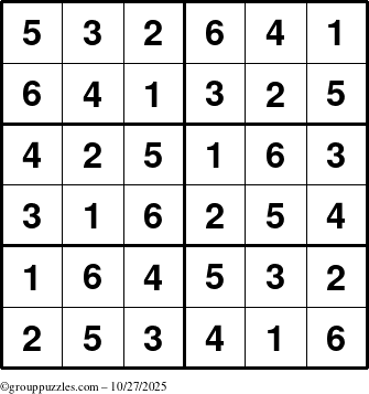 The grouppuzzles.com Answer grid for the Sudoku-Junior puzzle for Monday October 27, 2025
