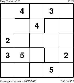 The grouppuzzles.com Easy Sudoku-5B puzzle for Monday October 27, 2025
