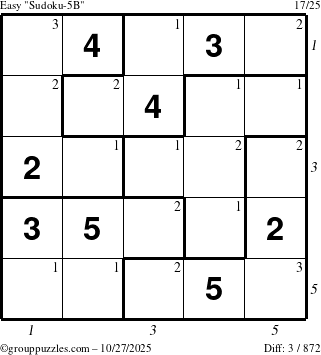 The grouppuzzles.com Easy Sudoku-5B puzzle for Monday October 27, 2025, suitable for printing, with all 3 steps marked