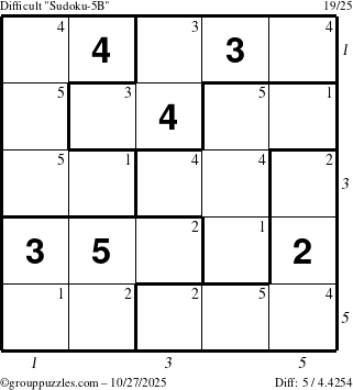 The grouppuzzles.com Difficult Sudoku-5B puzzle for Monday October 27, 2025 with all 5 steps marked