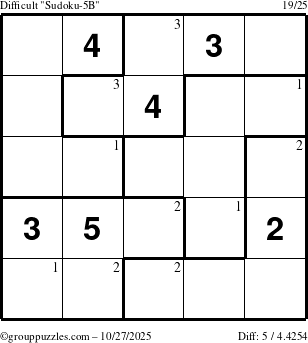 The grouppuzzles.com Difficult Sudoku-5B puzzle for Monday October 27, 2025 with the first 3 steps marked