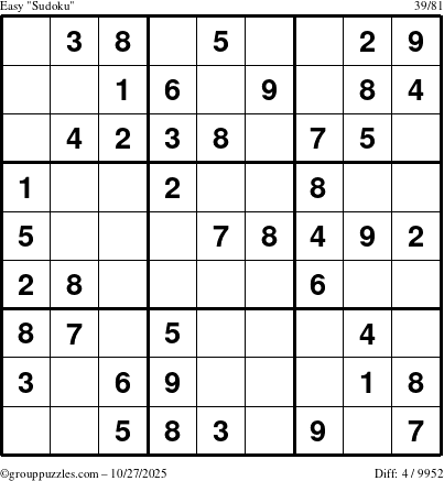 The grouppuzzles.com Easy Sudoku puzzle for Monday October 27, 2025
