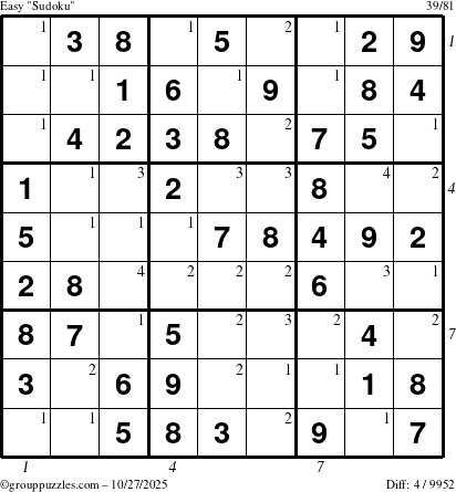 The grouppuzzles.com Easy Sudoku puzzle for Monday October 27, 2025, suitable for printing, with all 4 steps marked