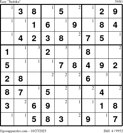 The grouppuzzles.com Easy Sudoku puzzle for Monday October 27, 2025 with the first 3 steps marked