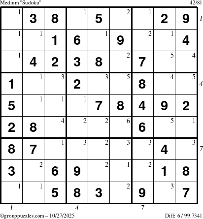 The grouppuzzles.com Medium Sudoku puzzle for Monday October 27, 2025, suitable for printing, with all 6 steps marked