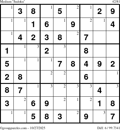 The grouppuzzles.com Medium Sudoku puzzle for Monday October 27, 2025 with the first 3 steps marked