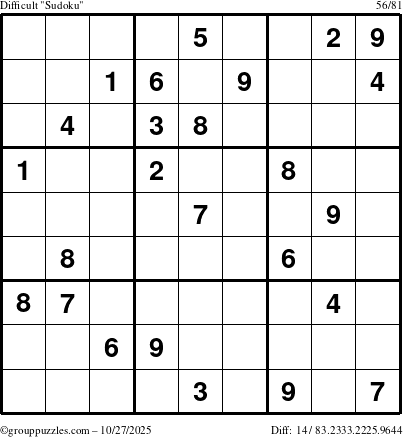 The grouppuzzles.com Difficult Sudoku puzzle for Monday October 27, 2025