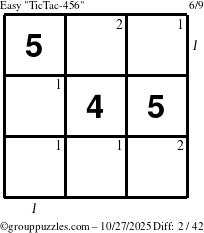 The grouppuzzles.com Easy TicTac-456 puzzle for Monday October 27, 2025 with all 2 steps marked