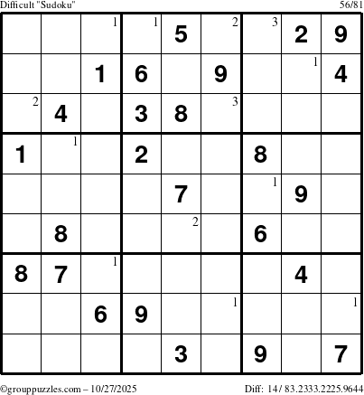 The grouppuzzles.com Difficult Sudoku puzzle for Monday October 27, 2025 with the first 3 steps marked
